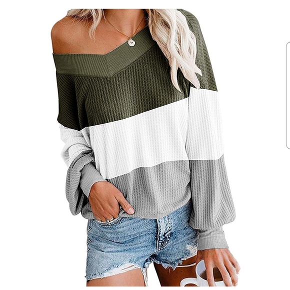 Off The Shoulder V Neck Pullover Sweater - Picture 1 of 3